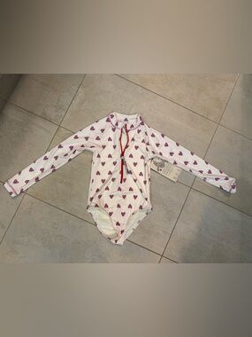 Girls' Long Sleeve One-Piece Swimsuit in White with Pink Hearts